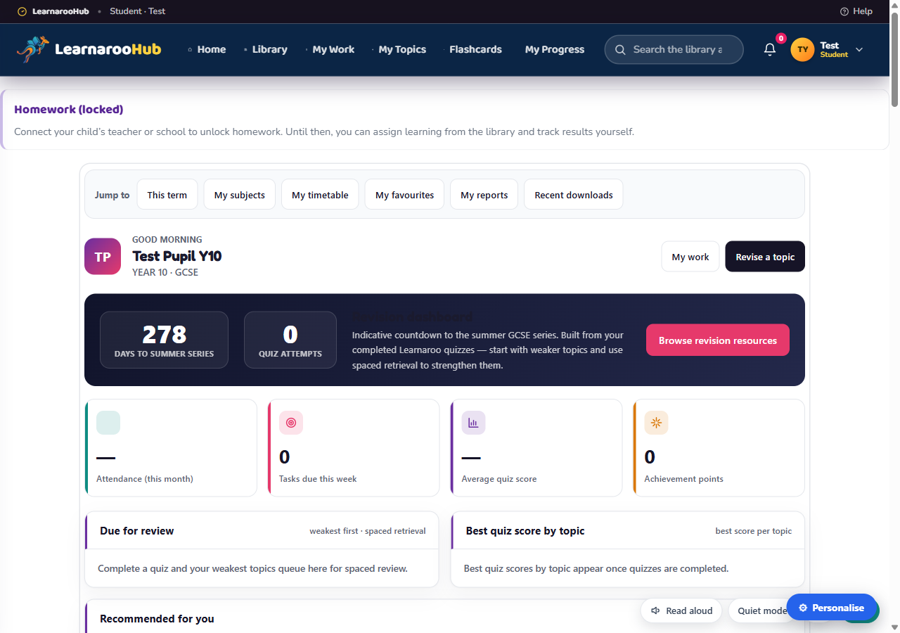 Learnaroo Hub GCSE student dashboard: a countdown of days to the summer exam series, quiz-attempt count, a revision dashboard and a My subjects shortcut.