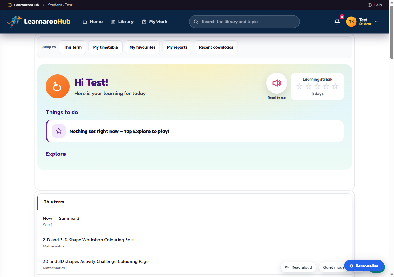 Learnaroo Hub KS1 student dashboard: a Things to do list, an Explore section and a learning-streak star tracker.