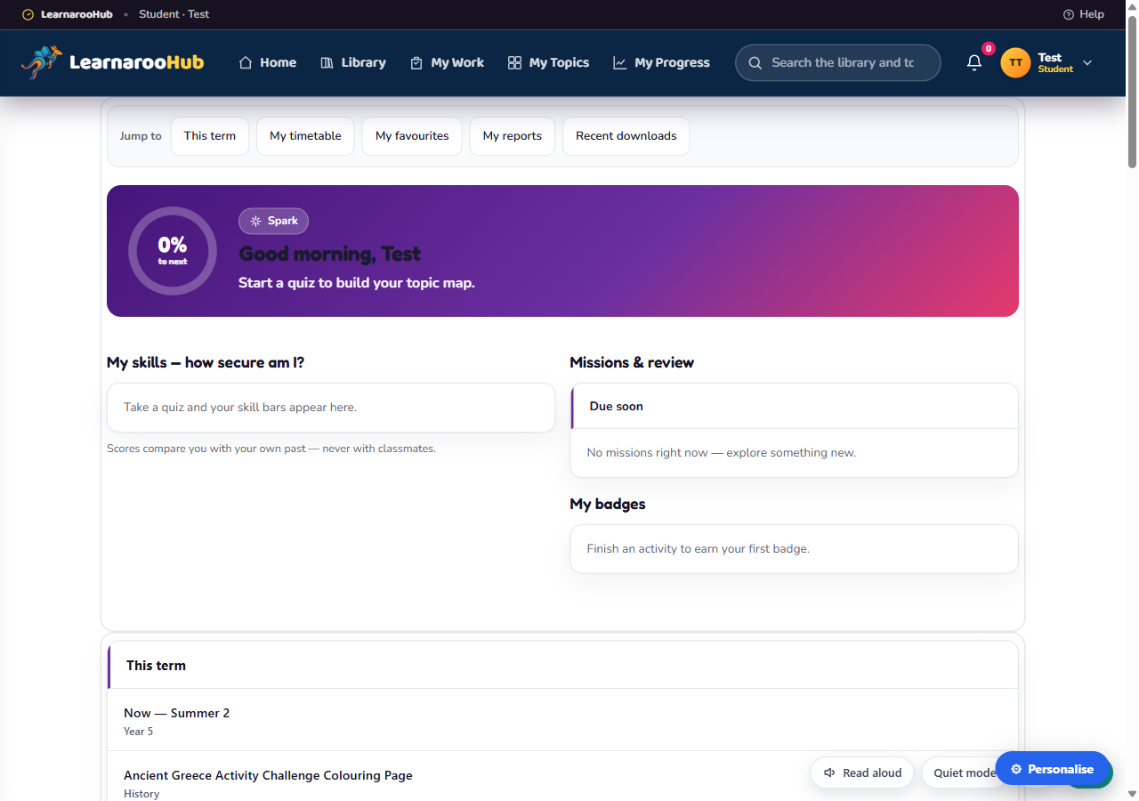 Learnaroo Hub KS2 student dashboard: a progress ring, skill bars, missions due soon, a badge collection and a This term panel with real Year 5 resources.