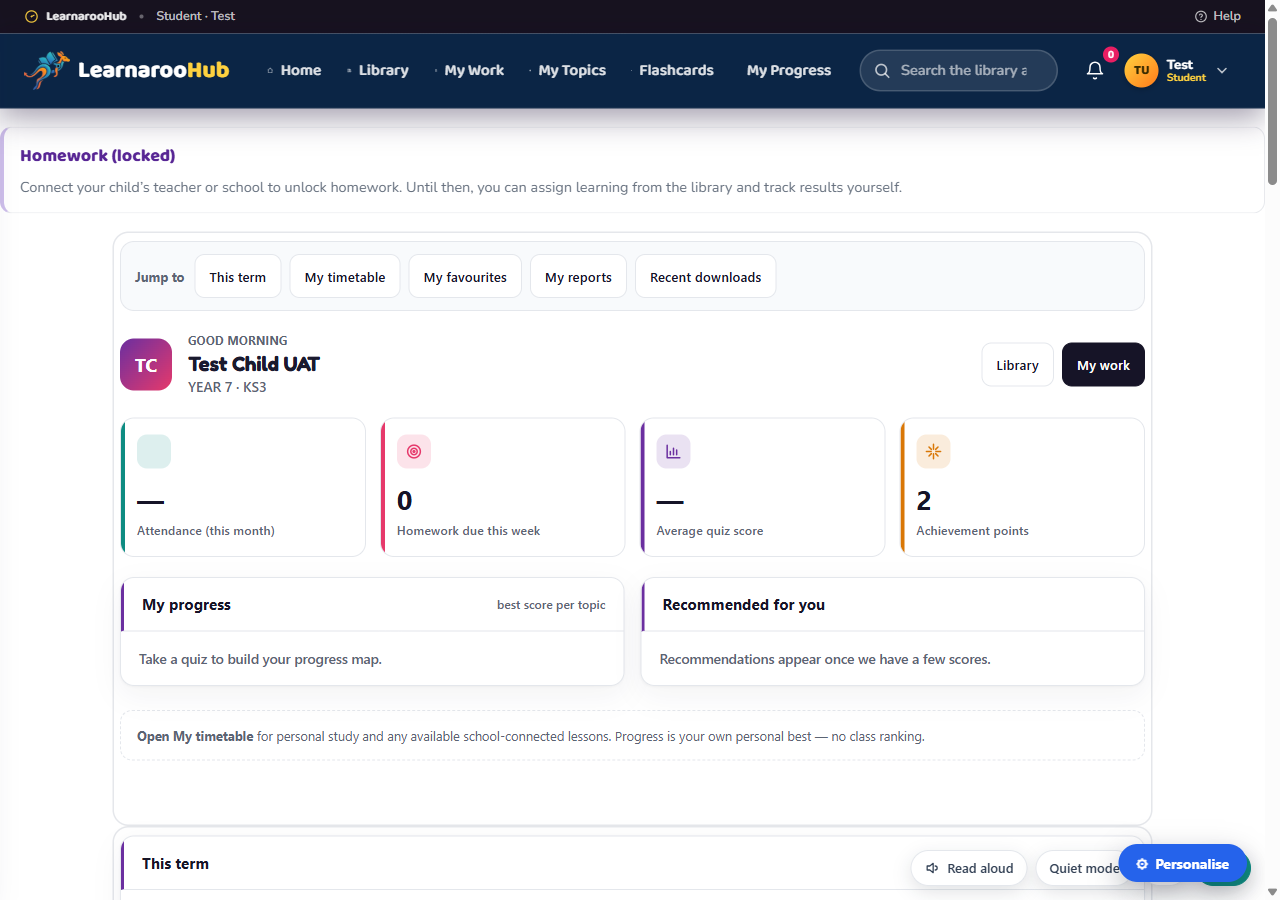 Learnaroo Hub KS3 student dashboard: attendance, homework due, average quiz score and achievement-point stat cards, plus a progress and recommendations panel.