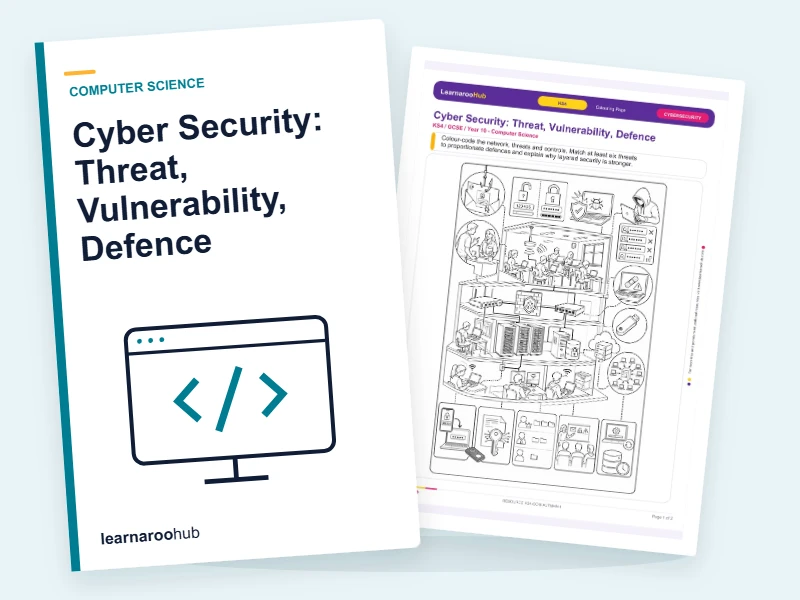 Cyber Security: Threat, Vulnerability, Defence — colouring sheets cover