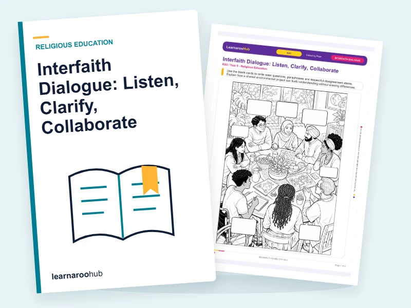 Interfaith Dialogue: Listen, Clarify, Collaborate — colouring sheets cover