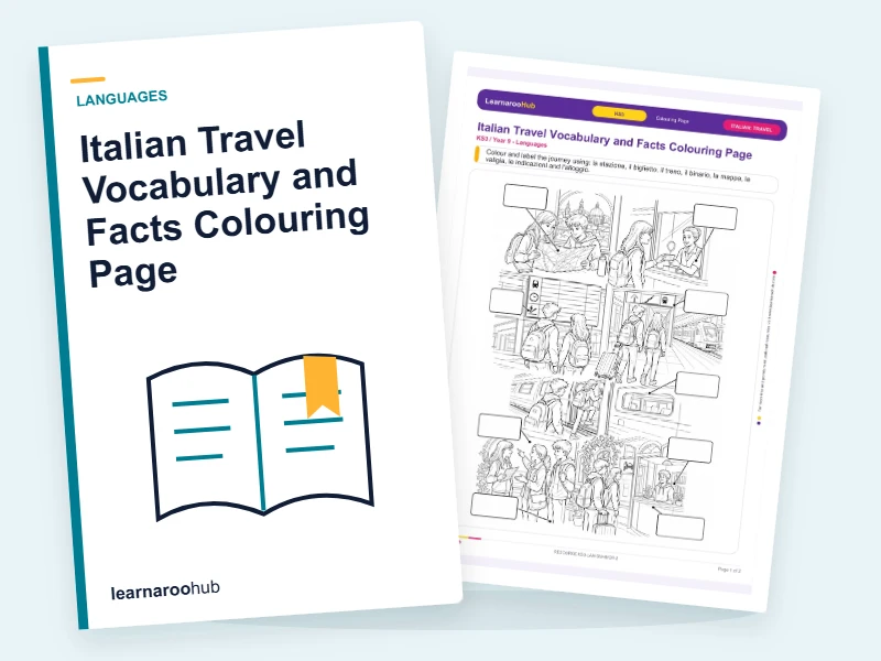 Italian Travel Vocabulary and Facts Colouring Page — colouring sheets cover