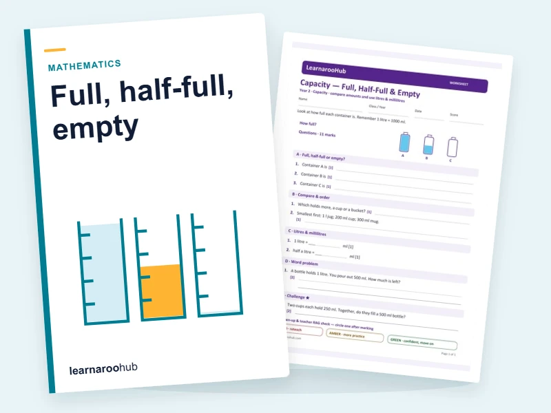 KS1 Capacity: Full, Half-Full, Empty Worksheet — printable / pdf cover