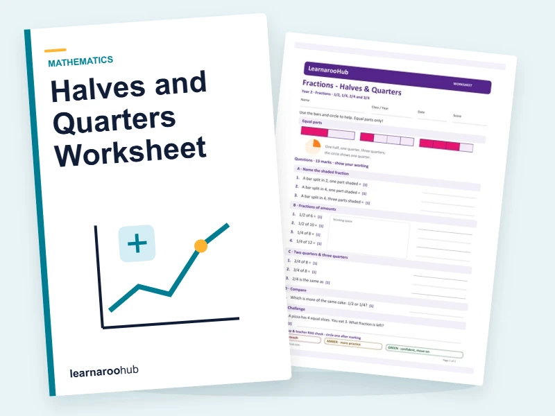KS1 Fractions: Halves and Quarters Worksheet — printable / pdf cover