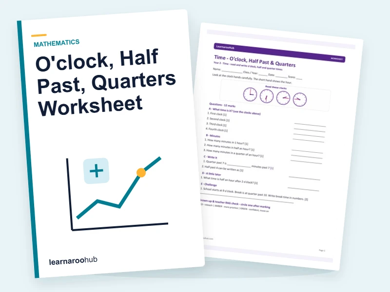 KS1 Time: O'clock, Half Past, Quarters Worksheet — printable / pdf cover