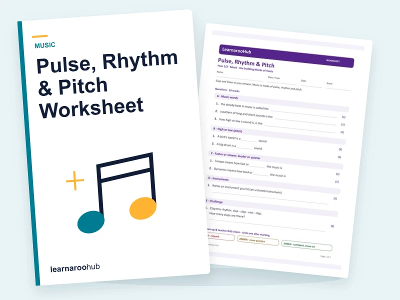Pulse, Rhythm & Pitch Worksheet — printable / pdf cover