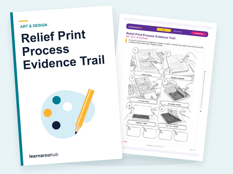 Relief Print Process Evidence Trail — colouring sheets cover