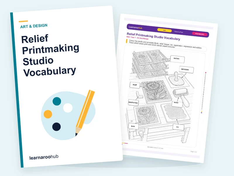 Relief Printmaking Studio Vocabulary — colouring sheets cover