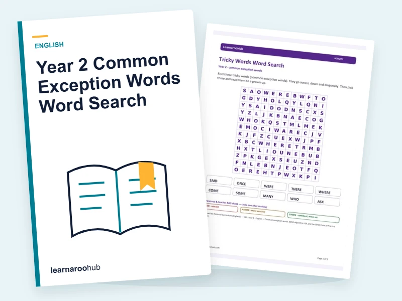 Year 2 Common Exception Words Word Search — printable / pdf cover